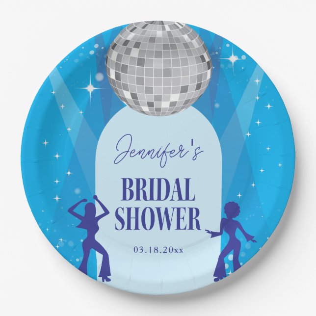 Retro Blue 70s Disco Dancing Queen Bridal Shower Paper Plate (Front)