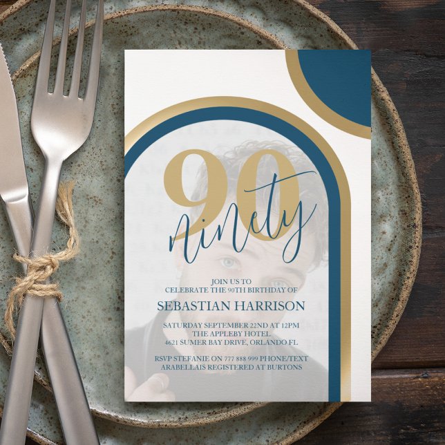 Retro Blue And Gold Photo 90th Birthday Invitation (Creator Uploaded)