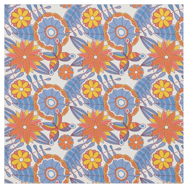 Retro Blue and Orange Floral Fabric (Close Up)
