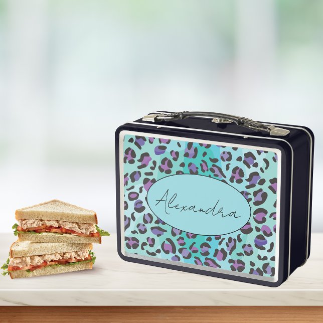 Retro Blue and Purple Leopard Print Monogram  Metal Lunch Box (Creator Uploaded)