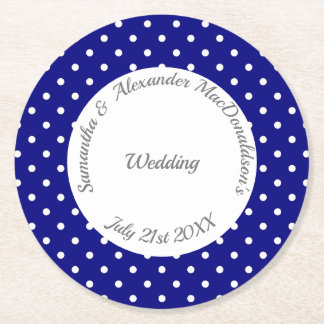 Retro blue and white polkadot wedding round paper coaster
