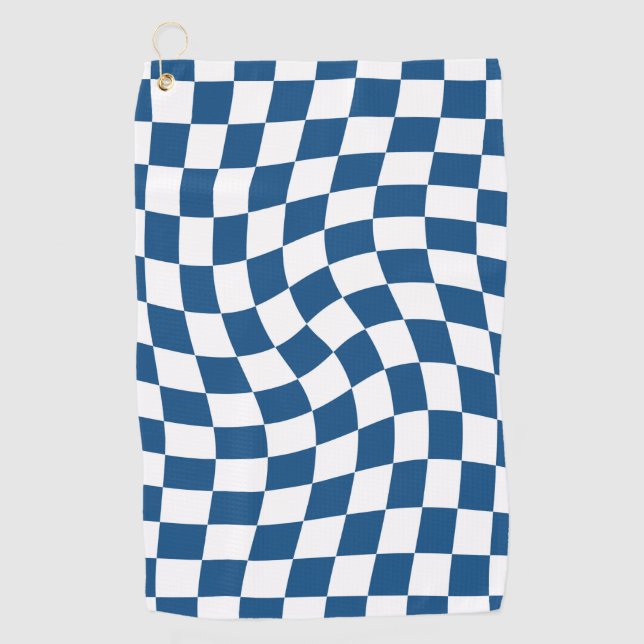 Retro Blue And White Warped Checks Chequerboard Golf Towel (Front)