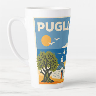 Retro Blue and Yellow Puglia Coastal Trullo Travel Latte Mug