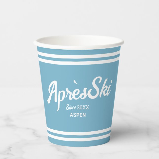 Retro Blue Apres Ski Custom Ski Resort Party Paper Cups (Front)