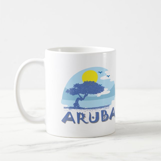 Retro Blue Aruba Divi Tree, Sun and Ocean Coffee Mug (Left)