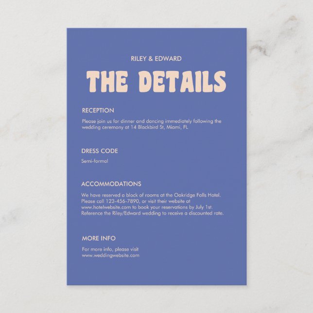 Retro Blue & Beige Bold Typography Wedding Details Enclosure Card (Front)