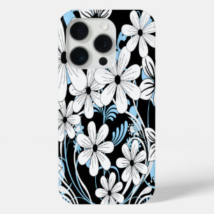 Retro Blue Black and White Floral Pattern iPhone 15 Pro Case