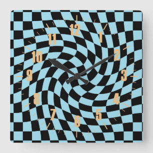 Retro Blue Black Check Warped Chequered Dorm Square Wall Clock