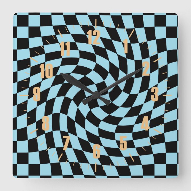 Retro Blue Black Check Warped Chequered Dorm   Square Wall Clock (Front)