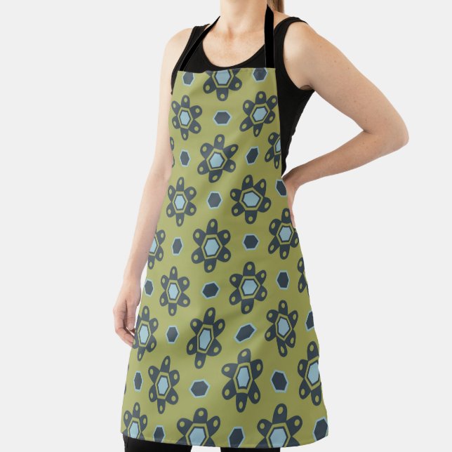 Retro Blue & Black Daisies on Green Floral Pattern Apron (Insitu)