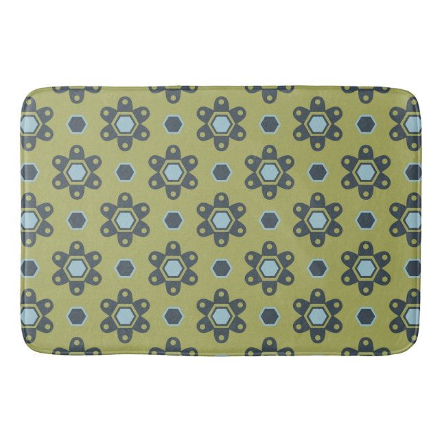 Retro Blue & Black Daisies on Green Floral Pattern Bath Mat (Front)
