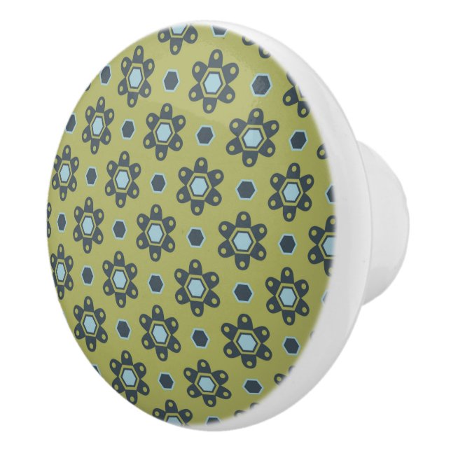 Retro Blue & Black Daisies on Green Floral Pattern Ceramic Knob (Right)