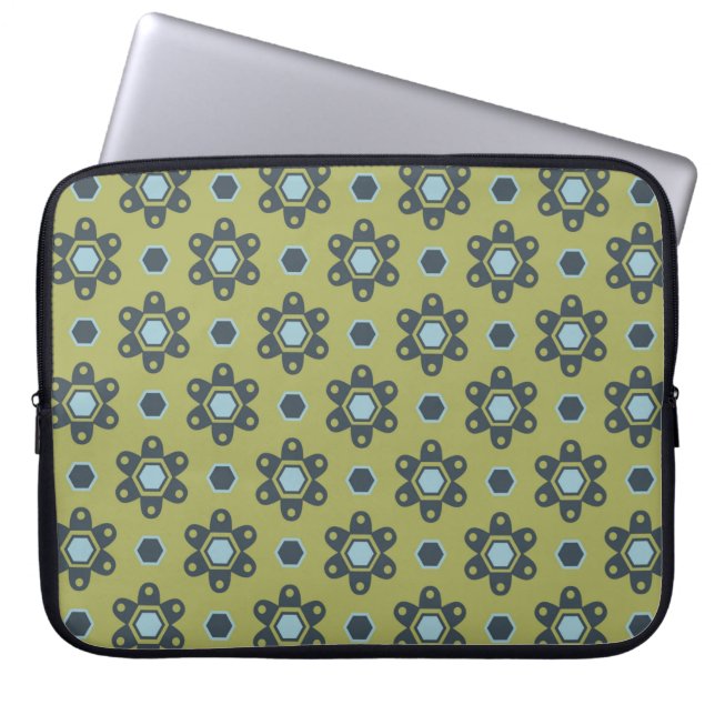 Retro Blue & Black Daisies on Green Floral Pattern Laptop Sleeve (Front)