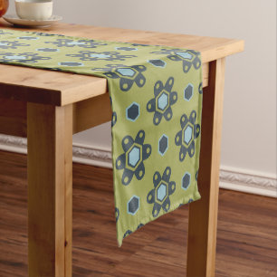 Retro Blue & Black Daisies on Green Floral Pattern Long Table Runner