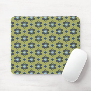 Retro Blue & Black Daisies on Green Floral Pattern Mouse Pad