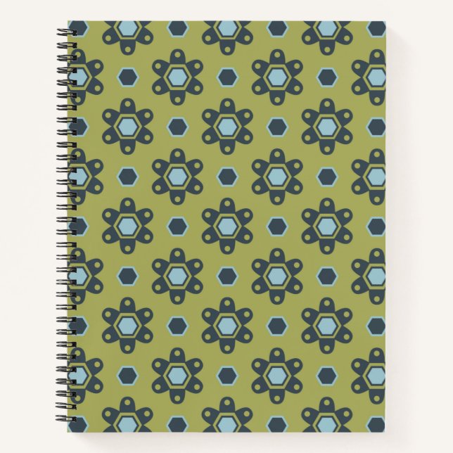 Retro Blue & Black Daisies on Green Floral Pattern Notebook (Front)