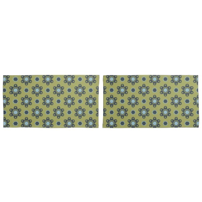 Retro Blue & Black Daisies on Green Floral Pattern Pillowcase (Front-Set)