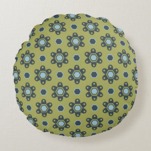Retro Blue & Black Daisies on Green Floral Pattern Round Cushion