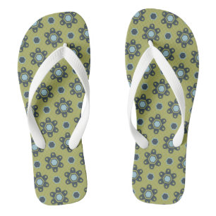 Retro Blue & Black Daisies on Green Floral Pattern Thongs