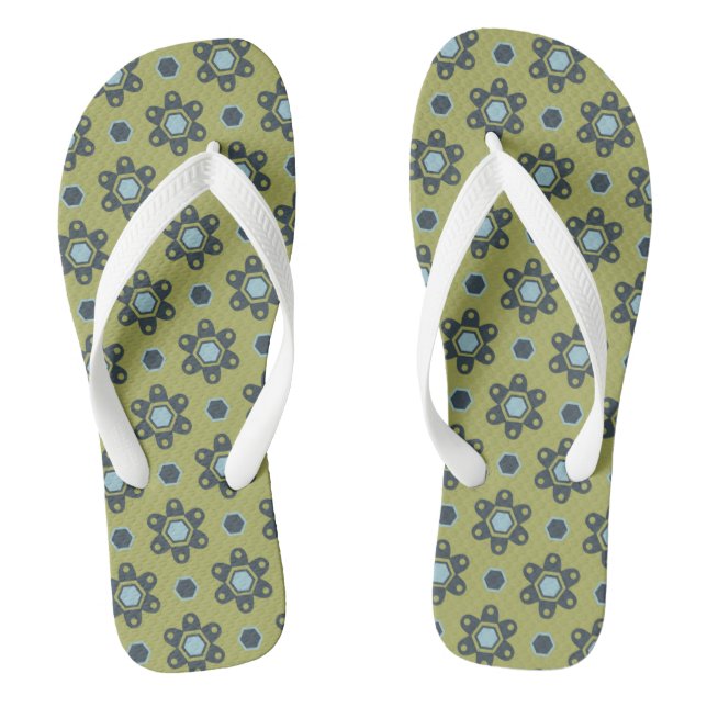 Retro Blue & Black Daisies on Green Floral Pattern Thongs (Footbed)