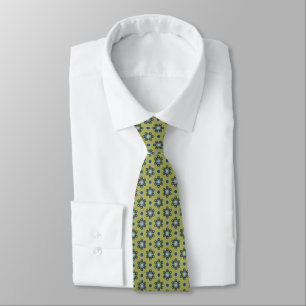 Retro Blue & Black Daisies on Green Floral Pattern Tie