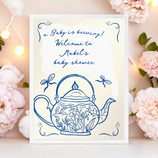 Retro blue bows teapot baby shower welcome poster (Retro blue bows teapot baby shower welcome poster)