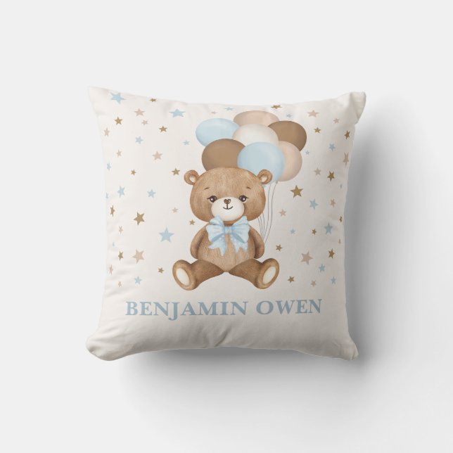 Retro Blue Brown Teddy Bear Balloons Baby Boy Cushion (Front)