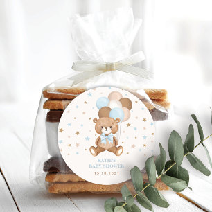 Retro Blue Brown Teddy Bear Balloons Boy Party Classic Round Sticker