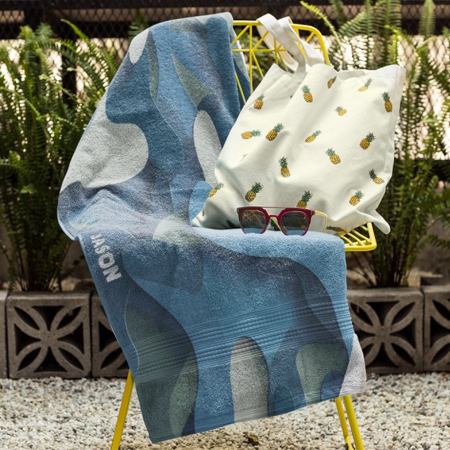 Retro Blue Camo Waves Modern Monogram Beach Towel (Creator Uploaded)
