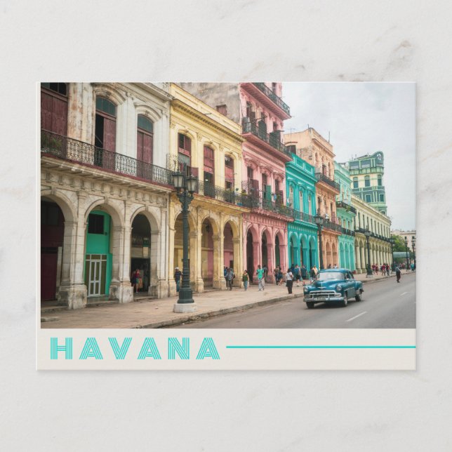 Retro Blue Car in Havana, Cuba Colourful Photo Postcard (Front)