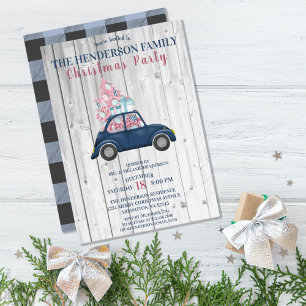 Retro Blue Car Pink Xmas Tree Christmas Party Invitation