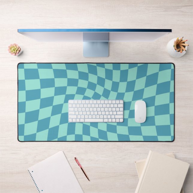 Retro Blue Checked Warped Chequered  Desk Mat (Office 1)