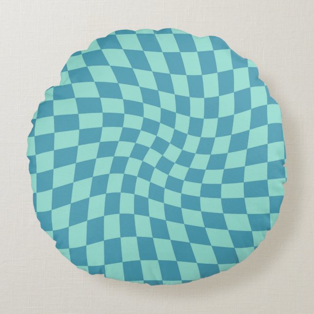 Retro Blue Checks Warped Chequered Dorm  Round Cushion (Front)