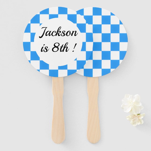 Retro Blue Chequerboard Hand Fan (Front and Back)