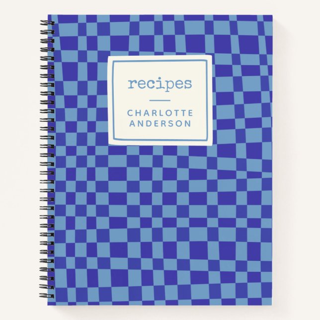 Retro Blue Chequerboard Personalised Recipes Notebook (Front)