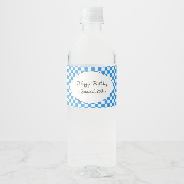 Retro Blue Chequerboard Water Bottle Labels  (Front)