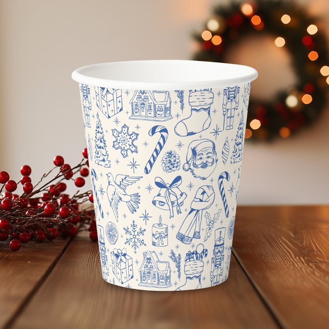Retro Blue Christmas Doodle Paper Cups (Creator Uploaded)