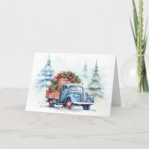 Retro Blue Christmas Truck Holiday Card
