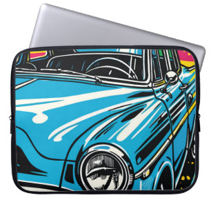 Retro Blue Classic Car Front Pop Art Illustration Laptop Sleeve