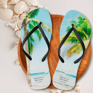 Retro Blue Coastal Beach Palm Trees Tropical Ocean Thongs