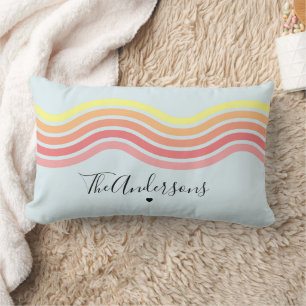 Retro Blue Colourful Groovy Wavy Lines Lumbar Cushion