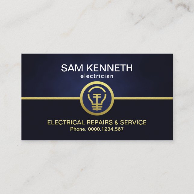 Retro Blue Column Faux Gold Light Bulb Electrician Business Card (Front)