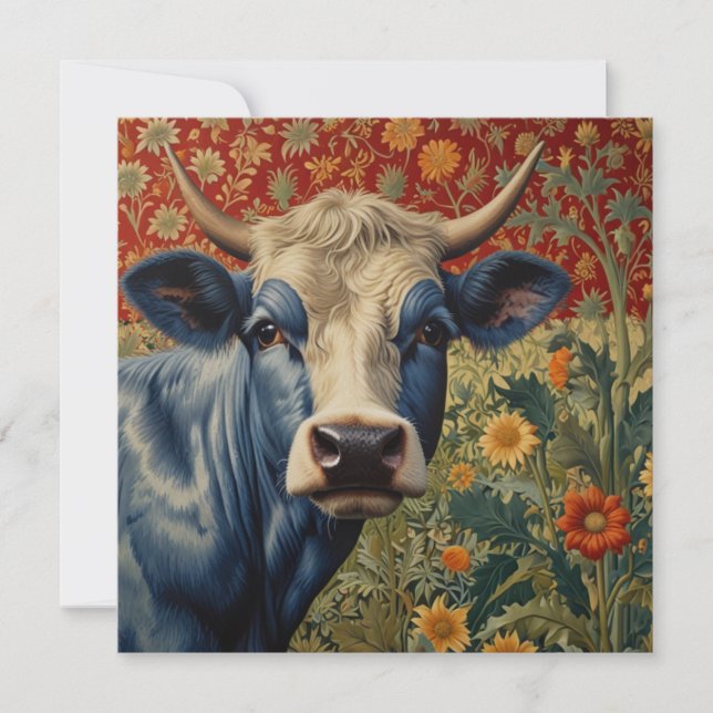 Retro Blue cow in sunflower garden Invitation (Front)