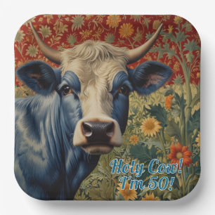 Retro Blue cow in sunflower garden Paper Plate