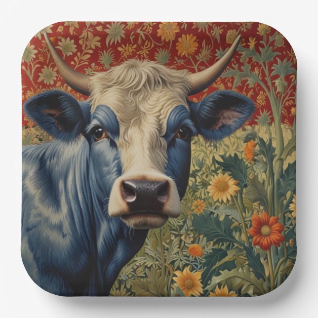 Retro Blue cow in sunflower garden Paper Plate (Front)