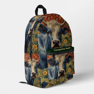 Retro Blue cow in sunflower garden Printed Backpack