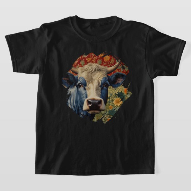 Retro Blue cow in sunflower garden T-Shirt (Laydown)