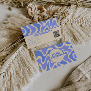 Retro Blue Cream 70s Boho Groovy Trendy QR Code Business Card