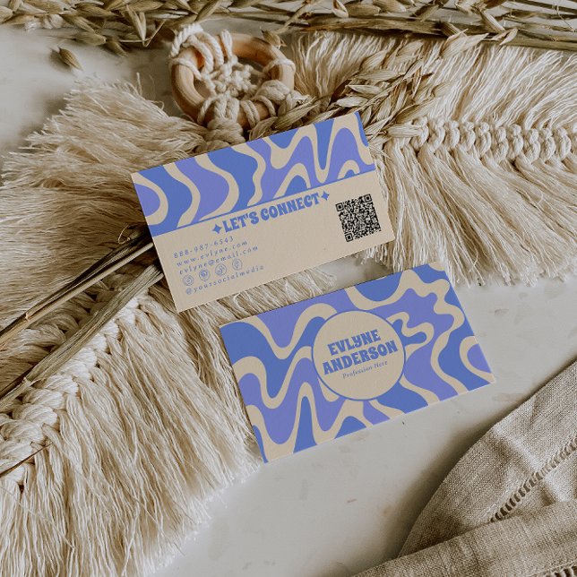 Retro Blue Cream 70s Boho Groovy Trendy QR Code Business Card (Creator Uploaded)