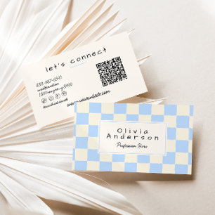 Retro Blue Cream Wavy Chequered QR Code Pastel Business Card